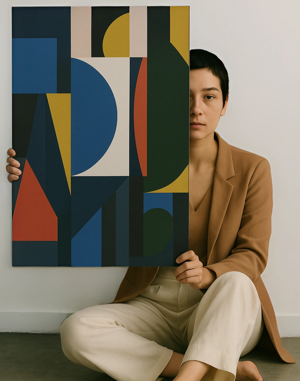 Bold geometric art meets quiet introspection — a modern portrait capturing the fusion of abstract design and raw human presence. Ideal for art galleries, design blogs, and creative portfolios.